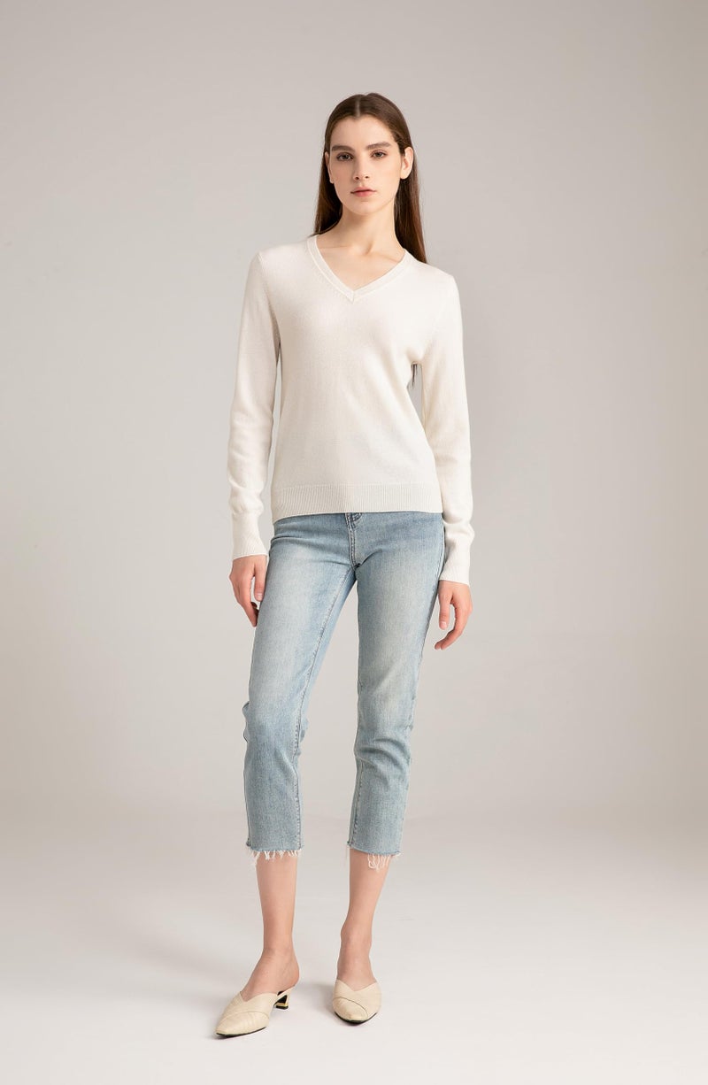State Cashmere Womenâ€™s Essential V-Neck Sweater 100% Pure Cashmere Classic Long Sleeve Pullover (Undyed White, XX-Large) - Image 3